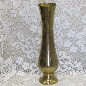 SOLID BRASS Vase 12" Tall Etched Engraved Vintage Boho Chic Home Decor